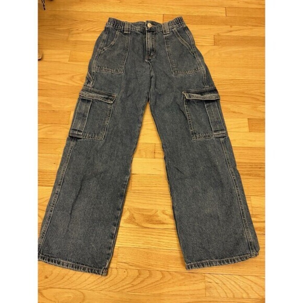 Wax‎ Jean Collection Medium Wash Wide Leg Denim Cargo Pants Size S 90269